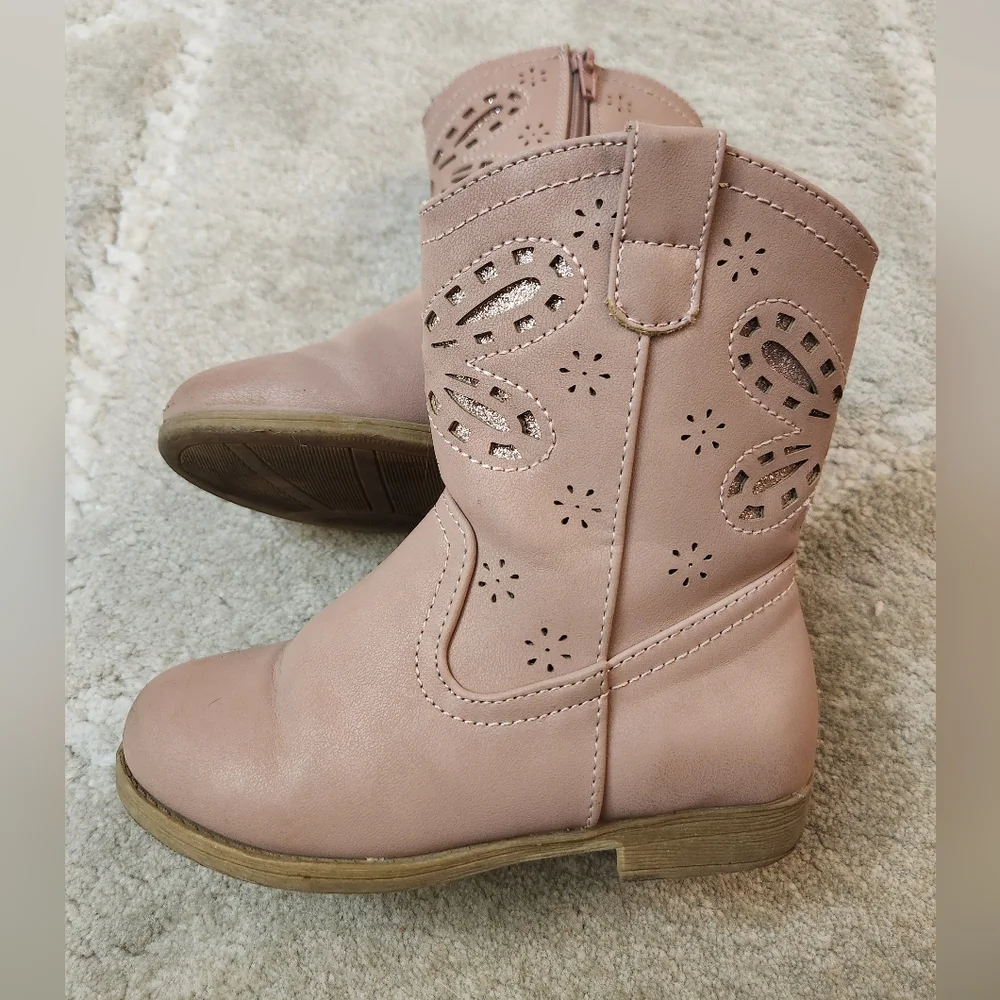 Girls Size 10 Rachel Shoes Pink Cowboy  Boots Butterfly Detail Glitter Zippers